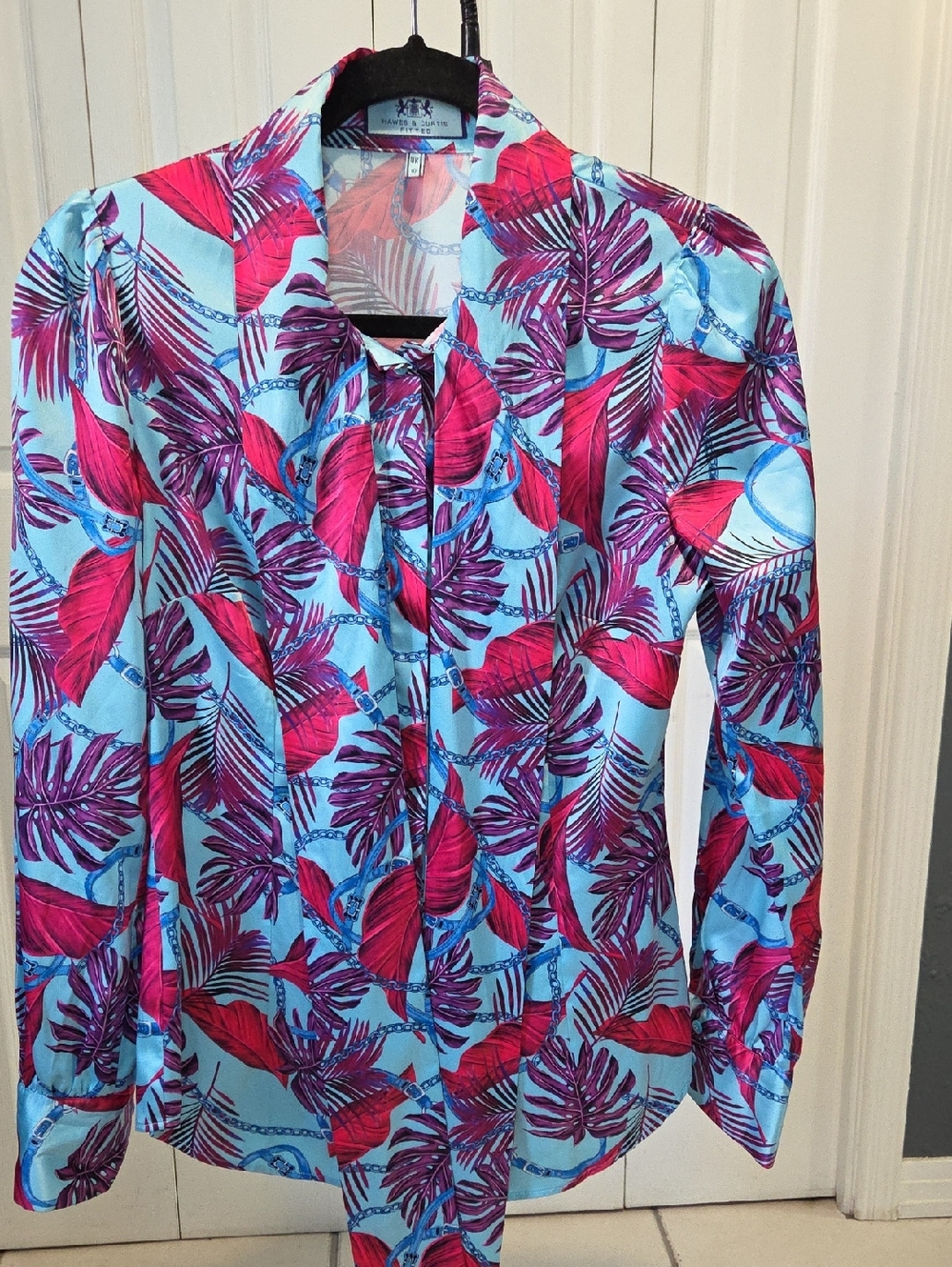 Sz 6 (UK 10) - Hawes & Curtis Print Tie-Neck Blouse - Blue & Magenta